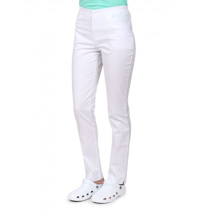 Spodnie damskie medyczne z kieszeniami, bawełna z elastanem, białe